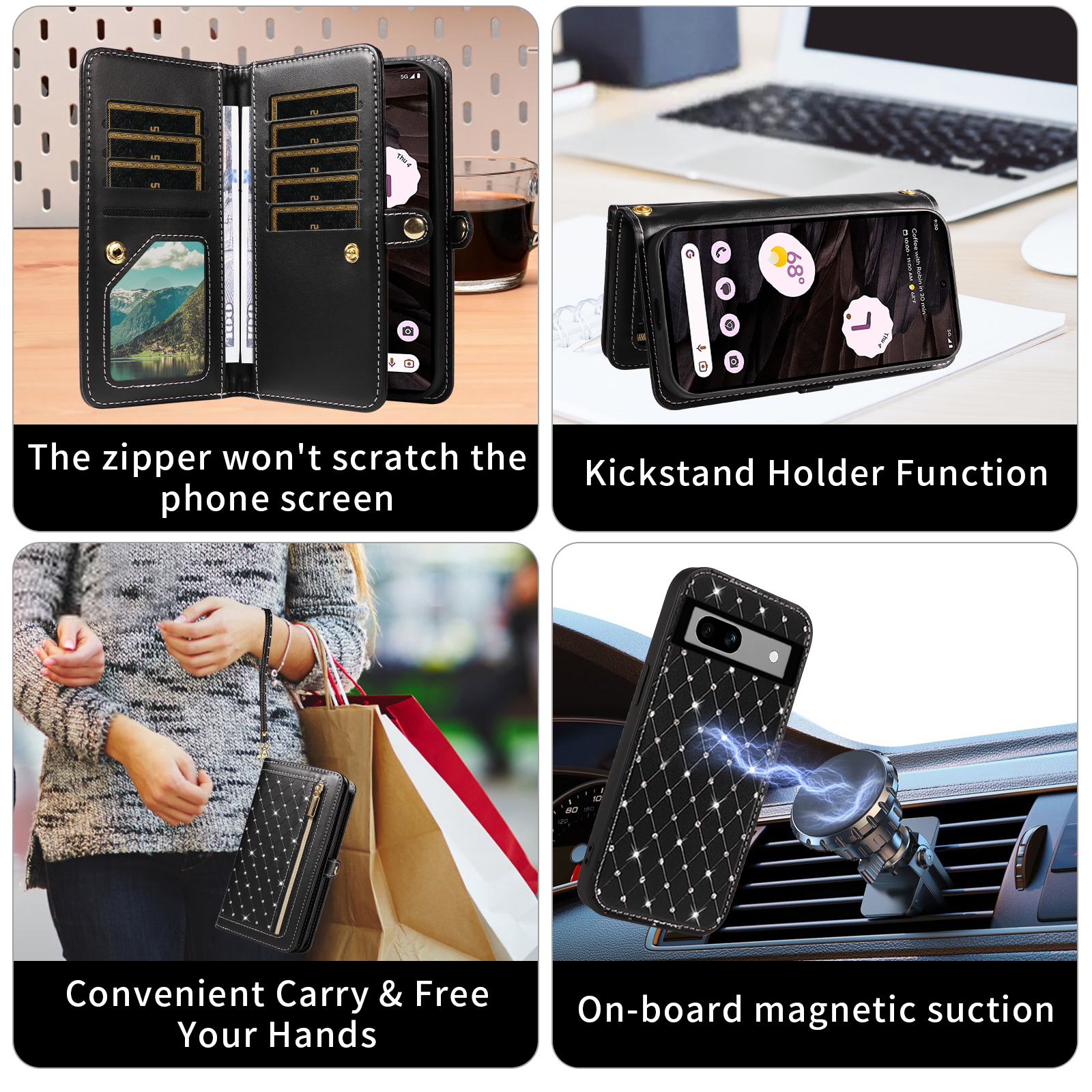 Asuwish Phone Case for Google Pixel 7A 5G 2023 Zipper Wallet Detachable Cell Cover with Tempered Glass Screen Protector Crossbody Lanyard Strap Bling Glitter Flip Card Holder Slot Pixel7A A7 Black