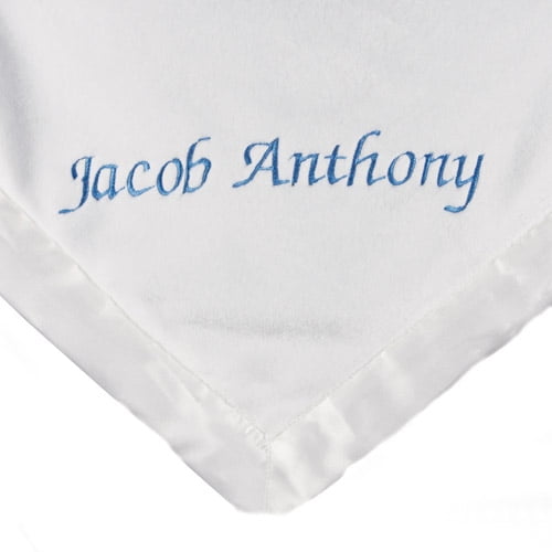 Personalized Satin Trim White Baby Blanket, Blue Name