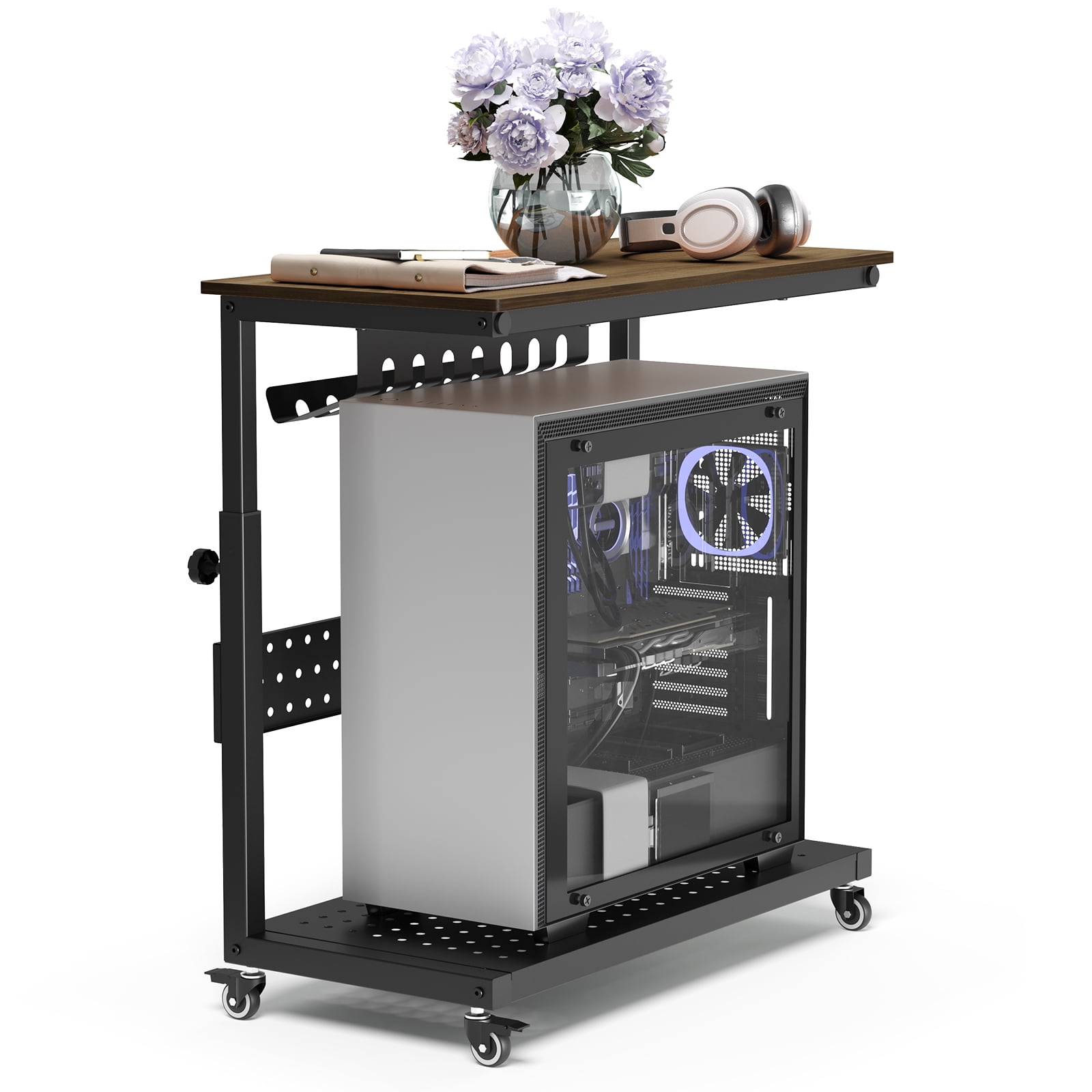 Ataujin Computer Tower Stand with Cable Management Rack, 2-Tier Mobile CPU Holder Cart, Adjustable Rolling PC Stand for Office and Home Use