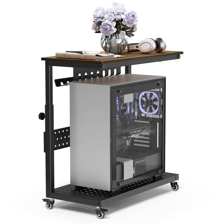 Adjustable 2-Tier Mobile Computer Tower Stand with Cable Management – Rolling CPU Holder Cart with Wheels – Fits 22.8-34.1" PC – Carbon Black