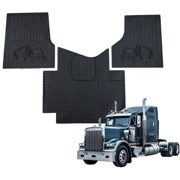 Black Heavy Duty Truck Floor Mats Compatible w/ Freightliner Cascadia 113 & 125 (2008-2020), Cascadia Evolution 113 & 125 2014 - 2020 - Latex Rubber, 3-Pcs Set