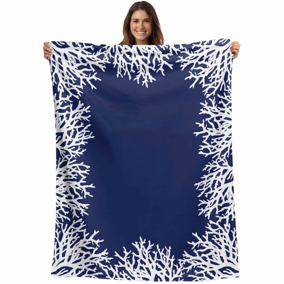 Nautical Coastal Throw Blankets, Ocean Coral Texture Soft Fleece Blanket Decorative for Home Sofa Couch Chair Living Bedroom, 50x60 inches, Midnight Blue White