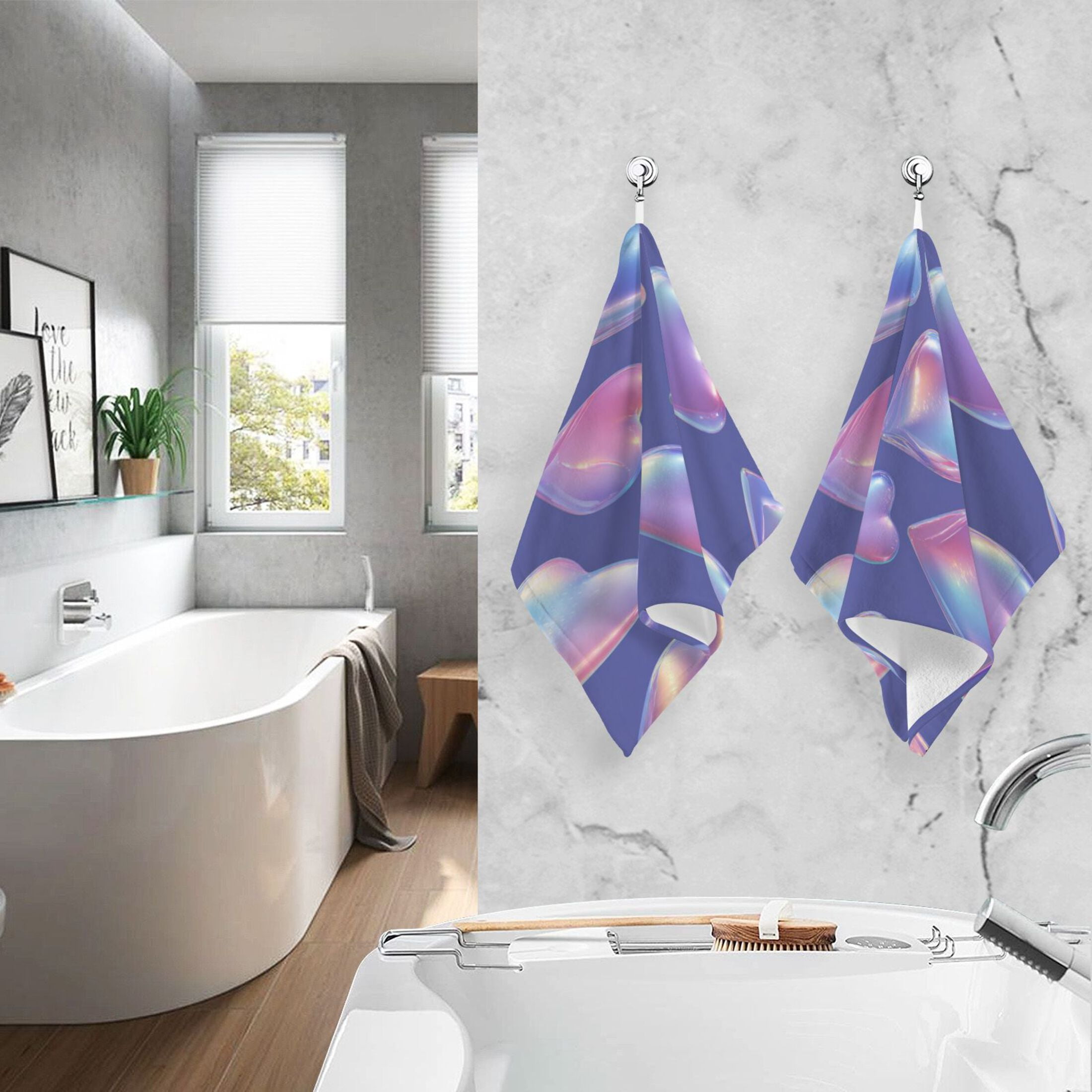 2 Pcs Absorbent Face Towel Bath Hand Towels Soft Breathable Cotton Towel Set for Bathroom Kitchen Hotel Spa Decor Pink-purple Hearts