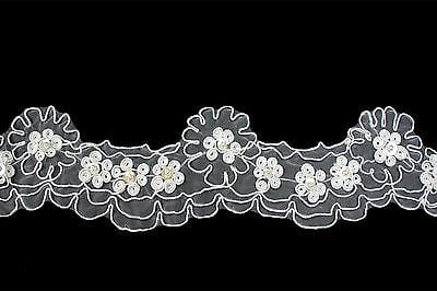 Lily 3" White Corded Sequins Beaded Organza Sheer Floral Lace Trim by Yardage