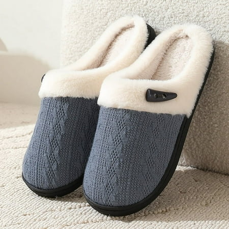 

Solid Color Button Decor Plush Slippers Women Ultra Soft Comfort Knitted Cotton Slippers for Home Winter Warm Flat Fur Slippers (Nary blue 38-39)