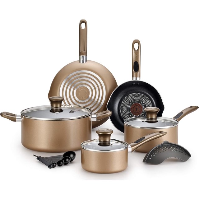 T-fal Batería de Cocina de 14 piezas Excite con Antiadherente Proglide, tecnología Thermo-Spot y difussion Base, incluye escurridor y juego de 5 cucharas medidoras, B036SE64