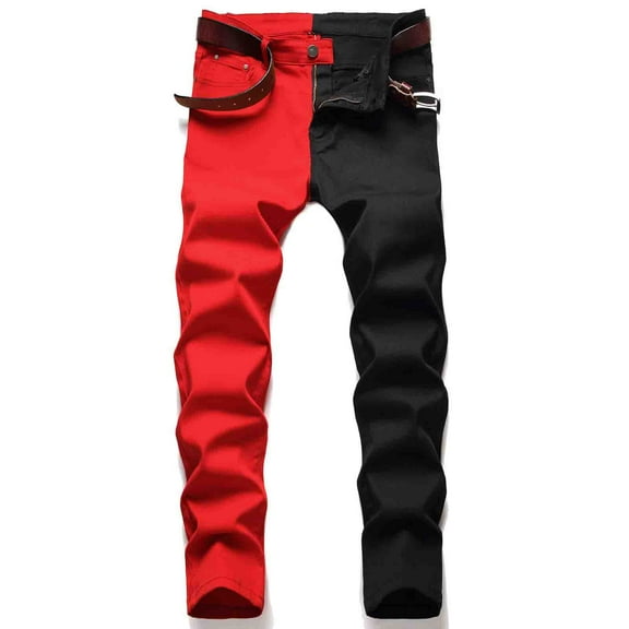 jsaierl Men's Slim Straight Patchwork Jeans Street Hip Hop Stretch Moto Denim Pants