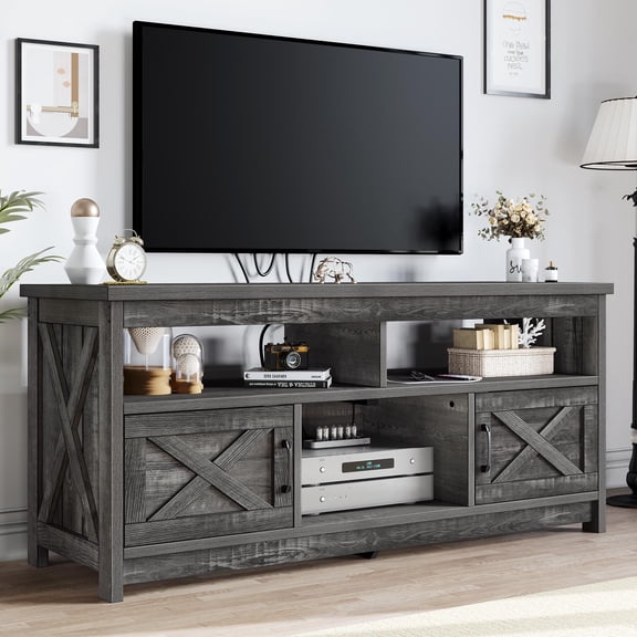 Dextrus Farmhouse TV Stand up to 65 inch with Power Outlet, Media Console with Storage Shelves for Living Room, Gray