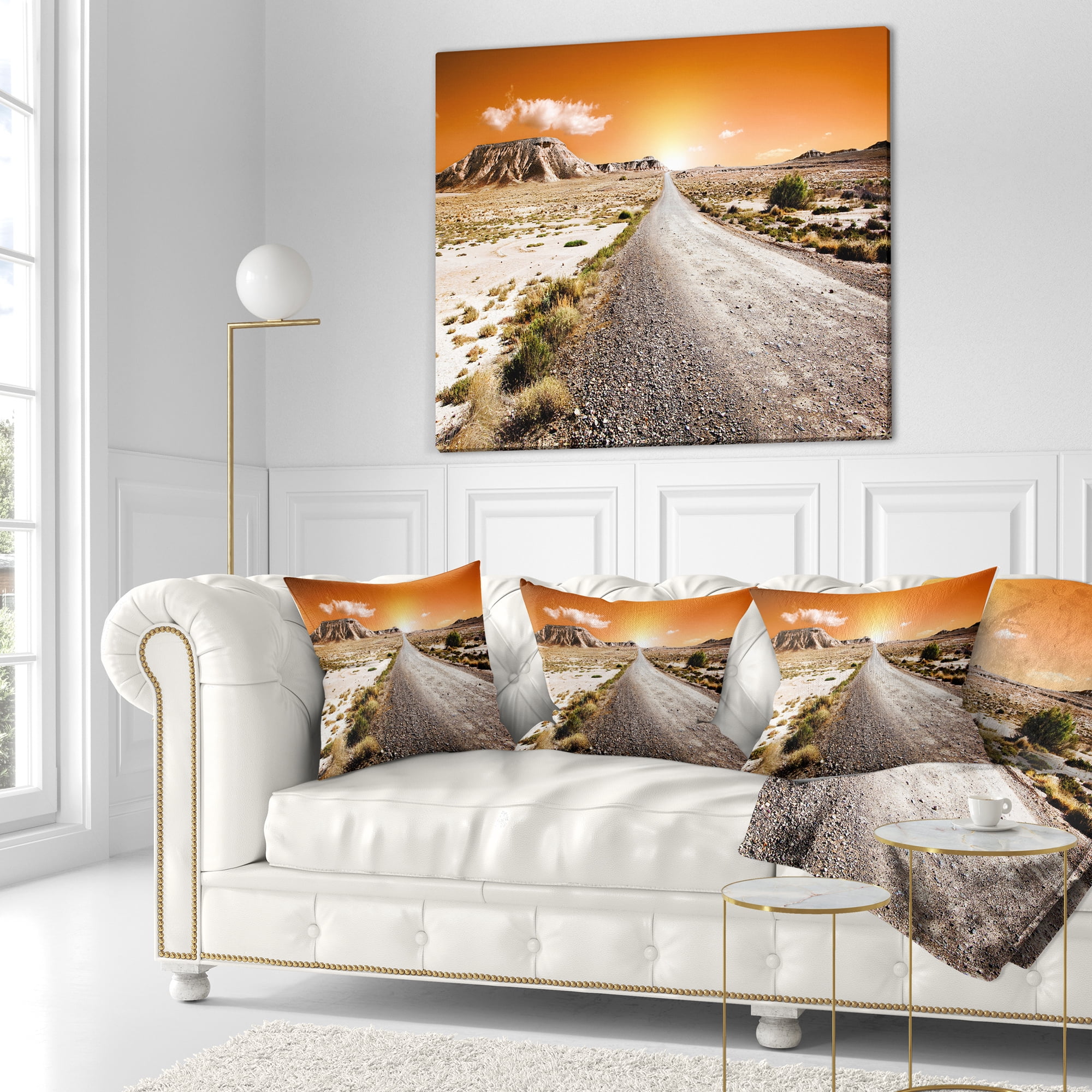 Designart Sunset Desert with Pebble Road - Landscape Printed Throw Pillow - 16x16