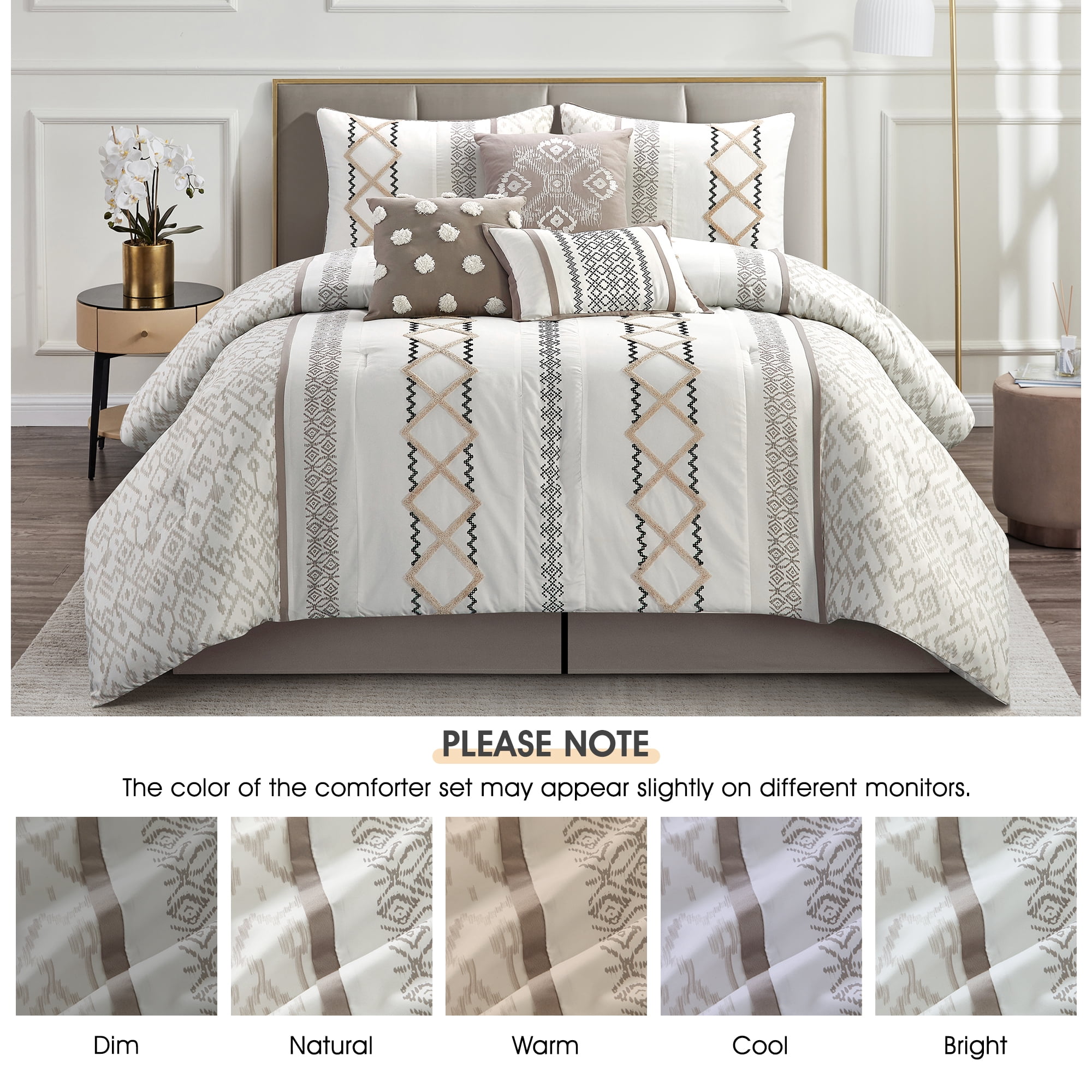 Lanco Luxury 7 Piece Cozy Boho Comforter Set Queen Beige Embroidered Girls Bedding, Premium Microfiber, All Season Home Décor
