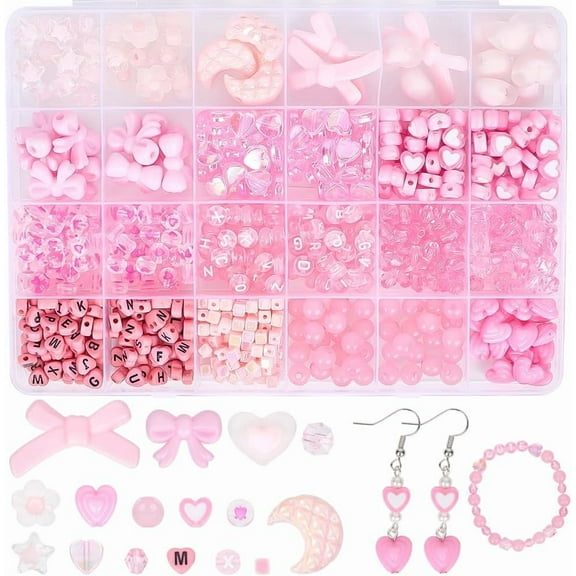 1 Box 828Pcs Pink Assorted Beads Friendship Bracelet Making Kit Valentine's Day Holiday Acrylic Flower Star Bowknot Heart Alphabet Bead Bulk Loose Valentines Beads for Jewelry Making Crafts Pink DIY