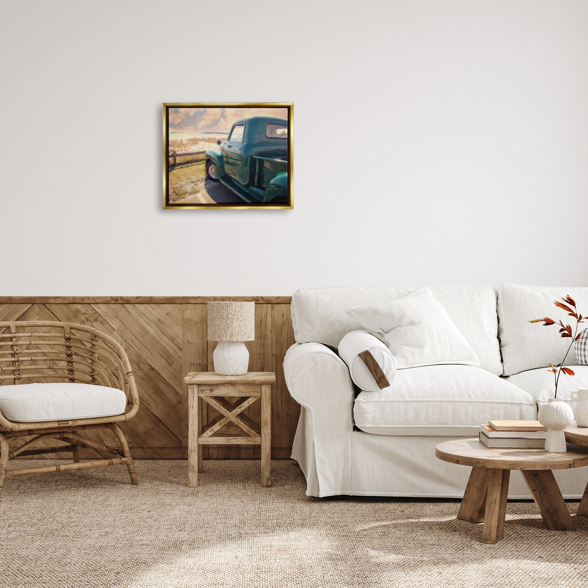 Stupell Industries Country Pickup Landscape Transportation Painting Gold Floater Framed Canvas Art Print Wall Art, 21 x 17