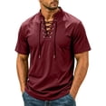 thumbnail image 4 of LODIENY Short Sleeve Shirts for Men Retro Style Lace up Tops Medieval Viking Hippie Halloween Cosplay Pirate Renaissance Costume Wine XXL, 4 of 9