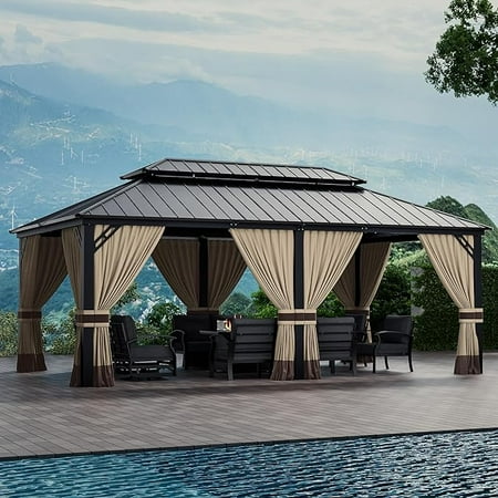 ALAULM 12x20ft Hardtop Gazebo Double Roof(Brown), outdoor pavilion with 2-layer hard top galvanized iron frame garden tent, suitable for courtyards, backyards, decks, and grass