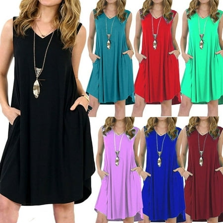 Women Summer Casual Solid Color Loose Sleeveless Beach Tank Top A-line Pocket Dress