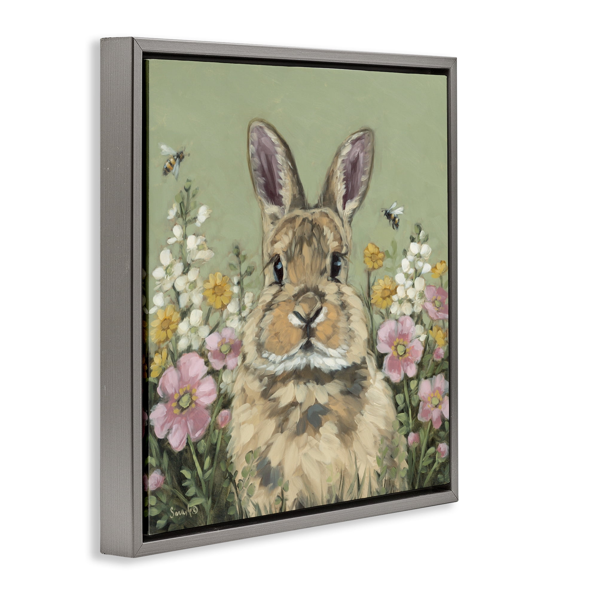 Stupell Industries Spring Abloom Rabbit Gray Framed Floater Canvas Wall Art, design by Sara G. Designs