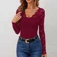 thumbnail image 6 of biudgviw Womens Shirts Lace Scalloped Neckline Slim Going out Tops Long Sleeve Cute Solid Color Party Casual Blouses Fall Clothes, 6 of 7