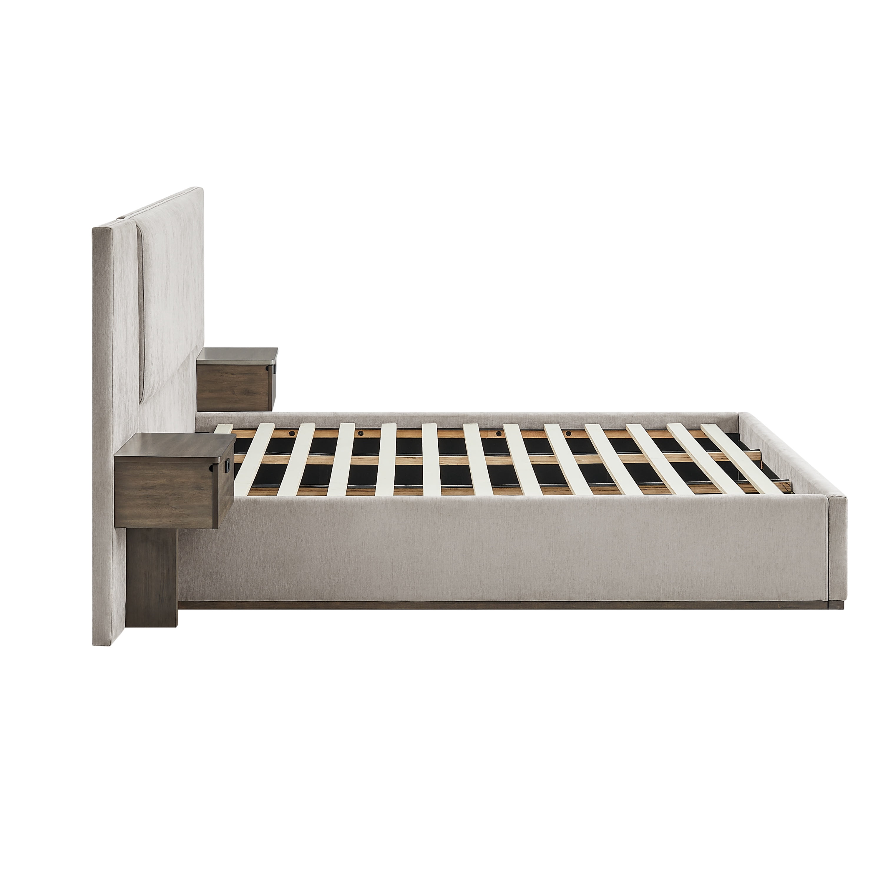 Studio Living Dustin Upholstered 42.1" Light Gray Bed Frame with Side Tables, King