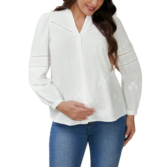 INSPIRE CHIC Women's Maternity Button Dowm Shirts Long Sleeve Jacquard Cotton Prenancy Semi Sheer Blouse Work Office M White