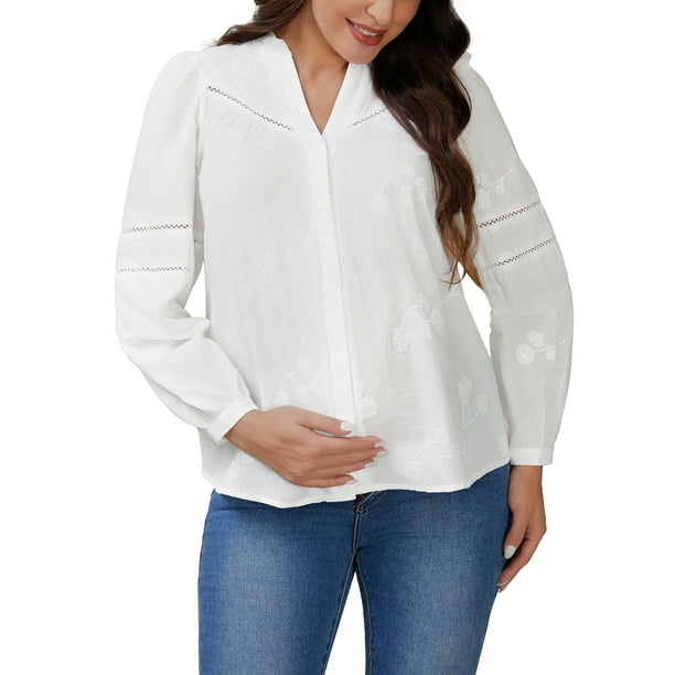 Camisas de maternidad con botones para mujeres INSPIRE CHIC, de manga larga, de algodón jacquard, blusa semitranslúcida para el trabajo en oficina, talla XL, blanca