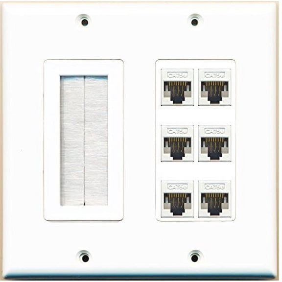RiteAV (2 Gang Decorative Mesh-Brush 6 Cat5e White Wall Plate White