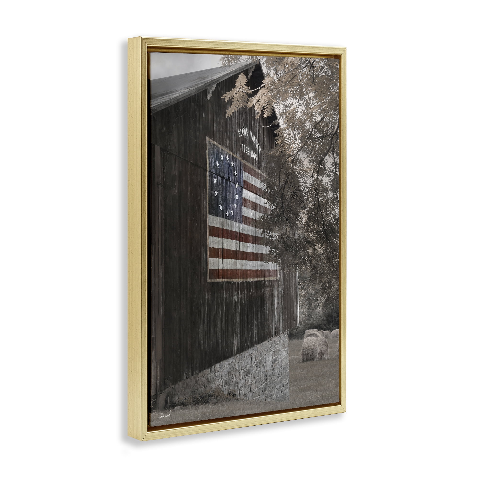 Stupell Industries Colonial Flag on Barn Patriotic Photography Gold Floater Framed Canvas Art Print Wall Art, 21 x 31