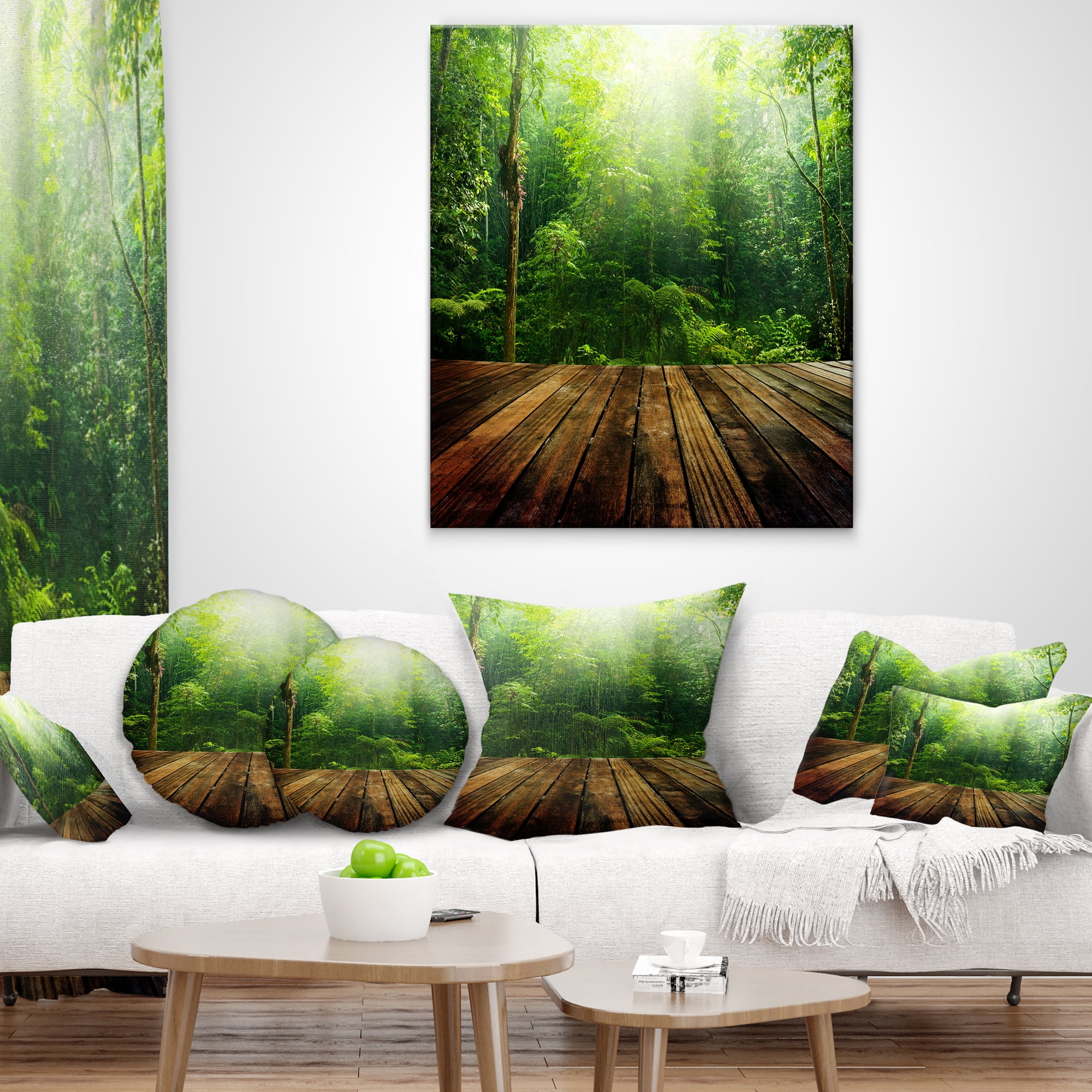 Designart Green Forest with Ray of Light - Landscape Photo Throw Pillow - 18x18