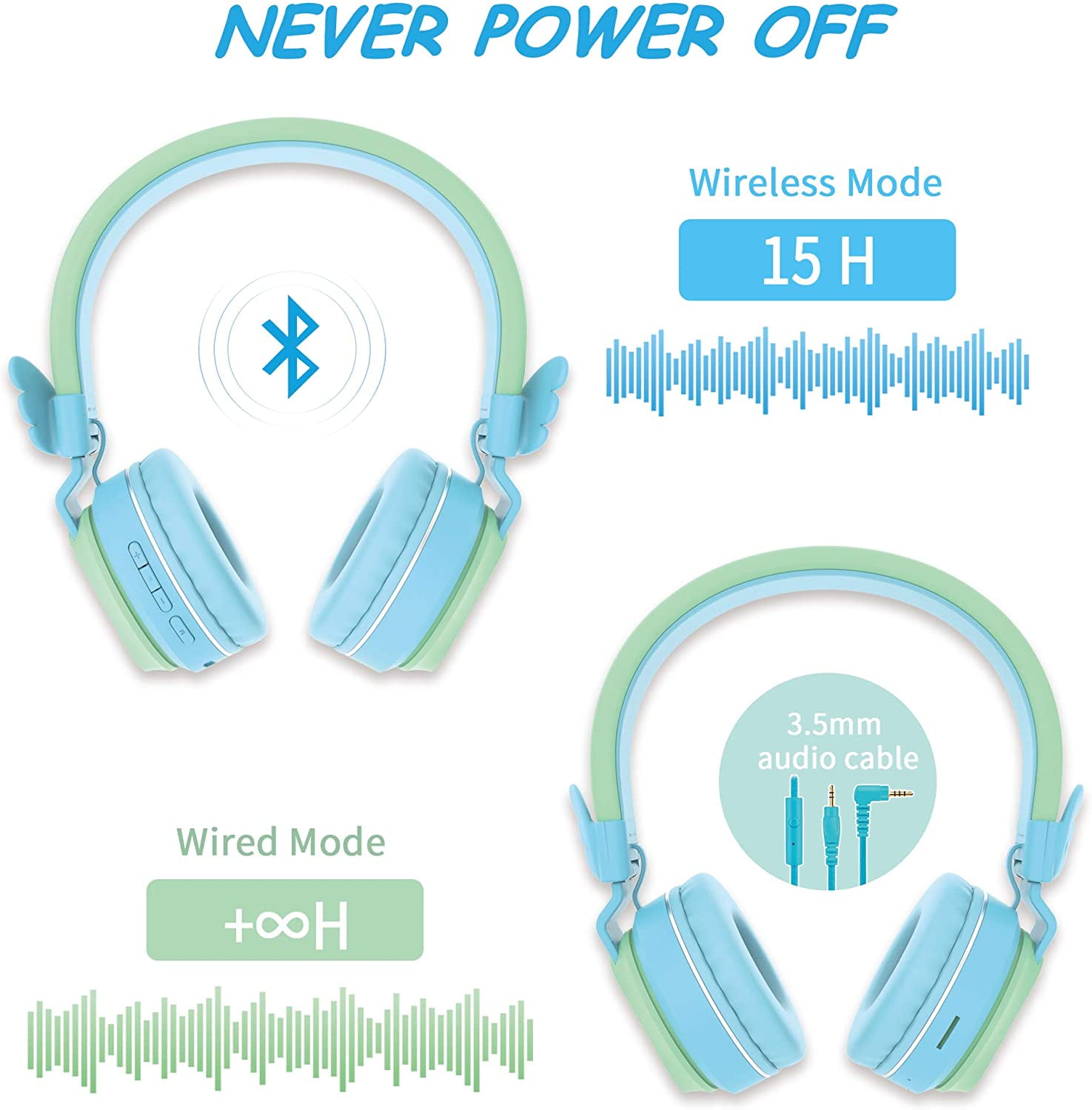 Riwbox BT05 Bluetooth Kids Headphones Wireless Foldable Headset Over Ear with Volume Limited and Mic/TF Card Compatible for iPad/iPhone/Tablet(Blue&Green)