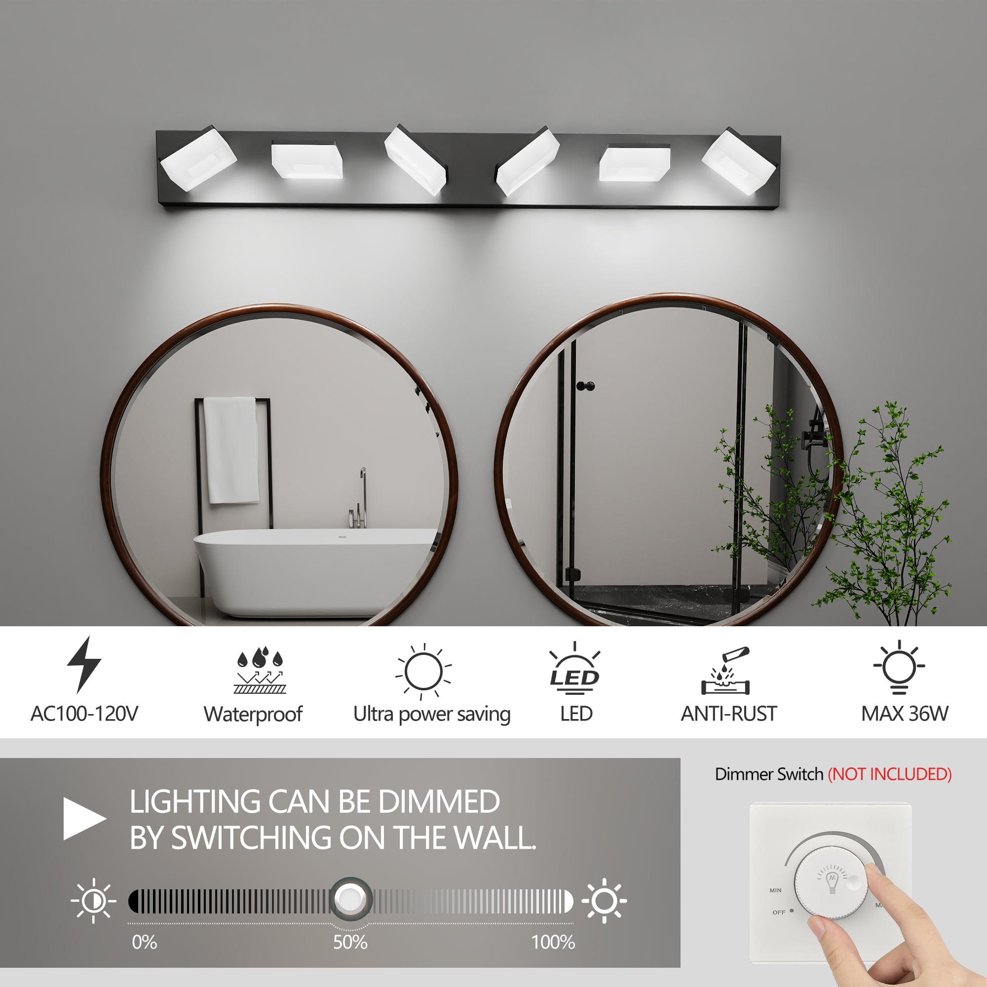 6 Light Dimmable Black Bathroom Light Fixtures Over Mirror, 39 in LED Vanity Lights, Acrylic Stainless Steel, Adjustable 3000K/4000K/6000K, 360° Rotate
