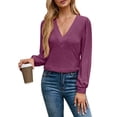 thumbnail image 3 of Women'S Multi-Layered V-Neck Solid Color Long Sleeved T-Shirt Casual Blouses Top Purple L, 3 of 9