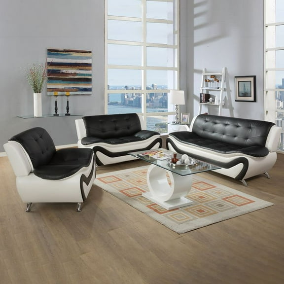 PonLiving Furniture 3 pc Black and White Faux Leather Modern Living Room Sofa set