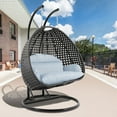 thumbnail image 2 of LeisureMod 2 Person Wicker Egg Chair Outdoor Indoor Bedroom Patio Hanging Lounge Swing Hammock Chairs with Black Stand and UV Resistant Cushions (Light Grey), 2 of 11