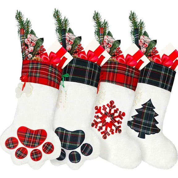 Dalrosia Pet Christmas Stockings Fuzzy Velet Christmas Stockings for Dog Cat Buffalo Plaid Paw Pattern Christmas Hanging Stockings for Xmas Tree Party Decorations Gift