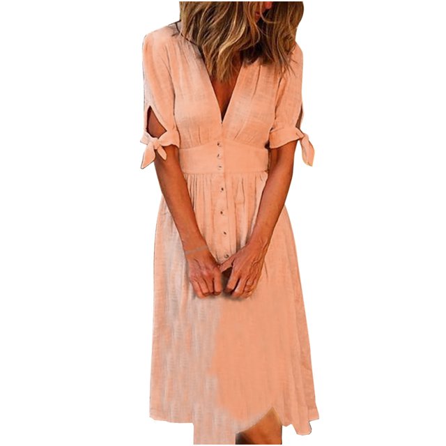 CEHVOM Women's V-neck Solid Color Short-Sleeved Long Cardigan Buttoned Dress Clearance