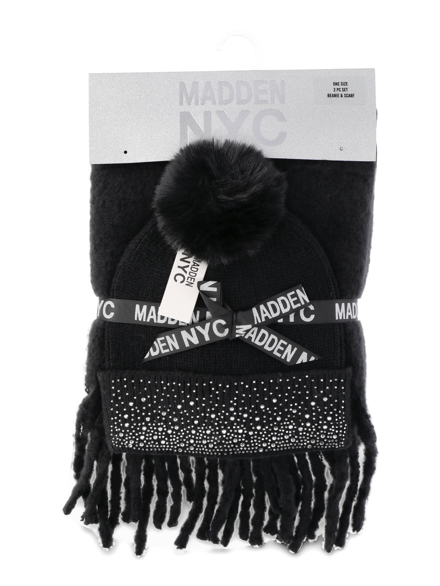 Madden NYC Women's Beanie and Winter Scarf 2-Piece Set, Black