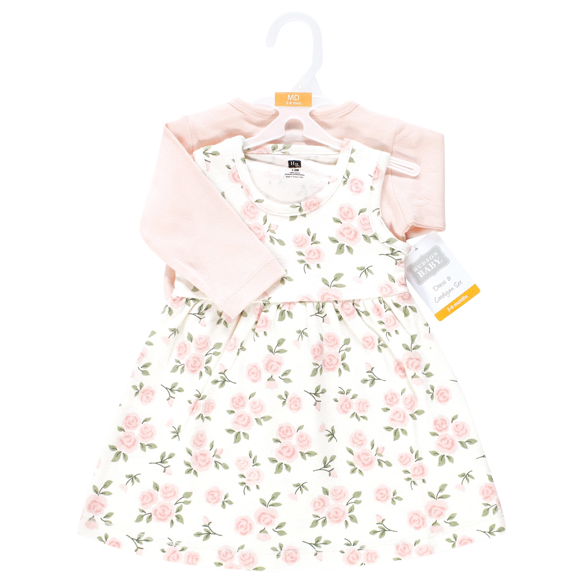 Hudson Baby Infant and Toddler Girls Cotton Dress and Cardigan Set, Soft Pink Sage Rose, 6-9 Months