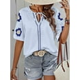 thumbnail image 2 of Dycnvjo Women'S Summer Tops Floral Embroidered Puff Short Sleeve Shirts V Neck Boho Tunic Casual Blouse Light Blue M, 2 of 5