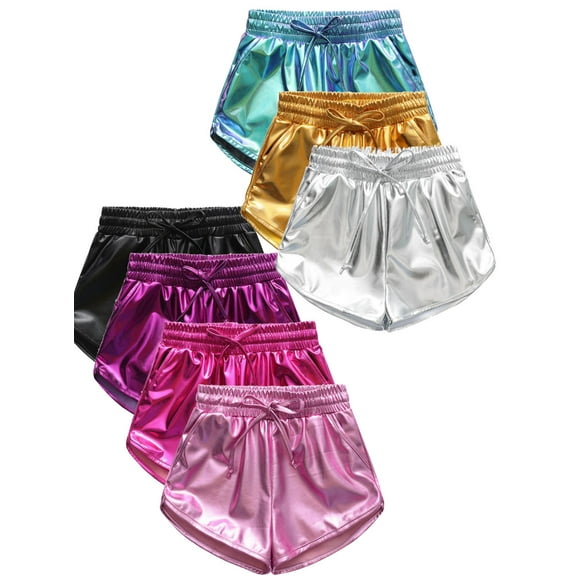 Girls Metallic Hot Shiny Sparkly Dance Outfits Sport Atletic Yoga Fitness Shorts Pants 4-12 Years