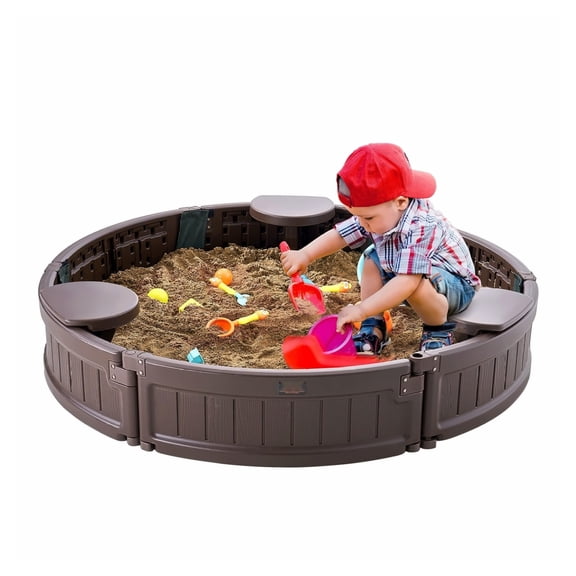 Sandbox with Cover 47.2", Round Sand Pit, HDPE Kids Sandbox for Outdoor Play, 3 Seats & Liner, Ages 3-12, Backyard Beach Park Gift - Brown