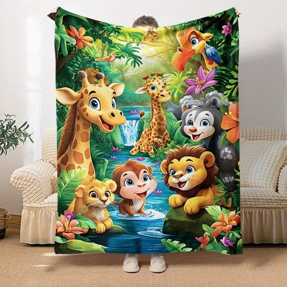 Jungle Animals Flannel Fleece Throw Blanket - Soft Polyester Digital Print Blanket for Sofa, Bed, Travel - Lightweight, All-Season, Cozy, Chunky Knit, Uncharged - Giraffe, Monkey, Lion Pattern
