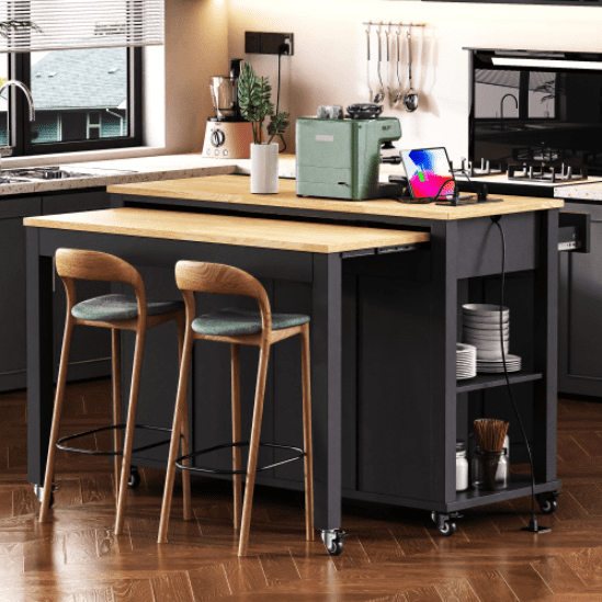 Euroco 47 inch Kitchen Island with Extendable Dining Table, Rubber Wood Veneer Kitchen Table with Internal Storage Rack