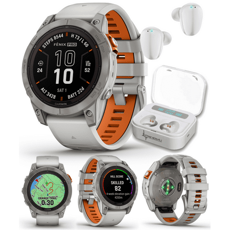 Garmin fenix 7 Pro Solar Sapphire Multisport GPS 47 mm Smartwatch, Titanium, Fog Gray/Ember Orange with Wearable4U White EarBuds Bundle