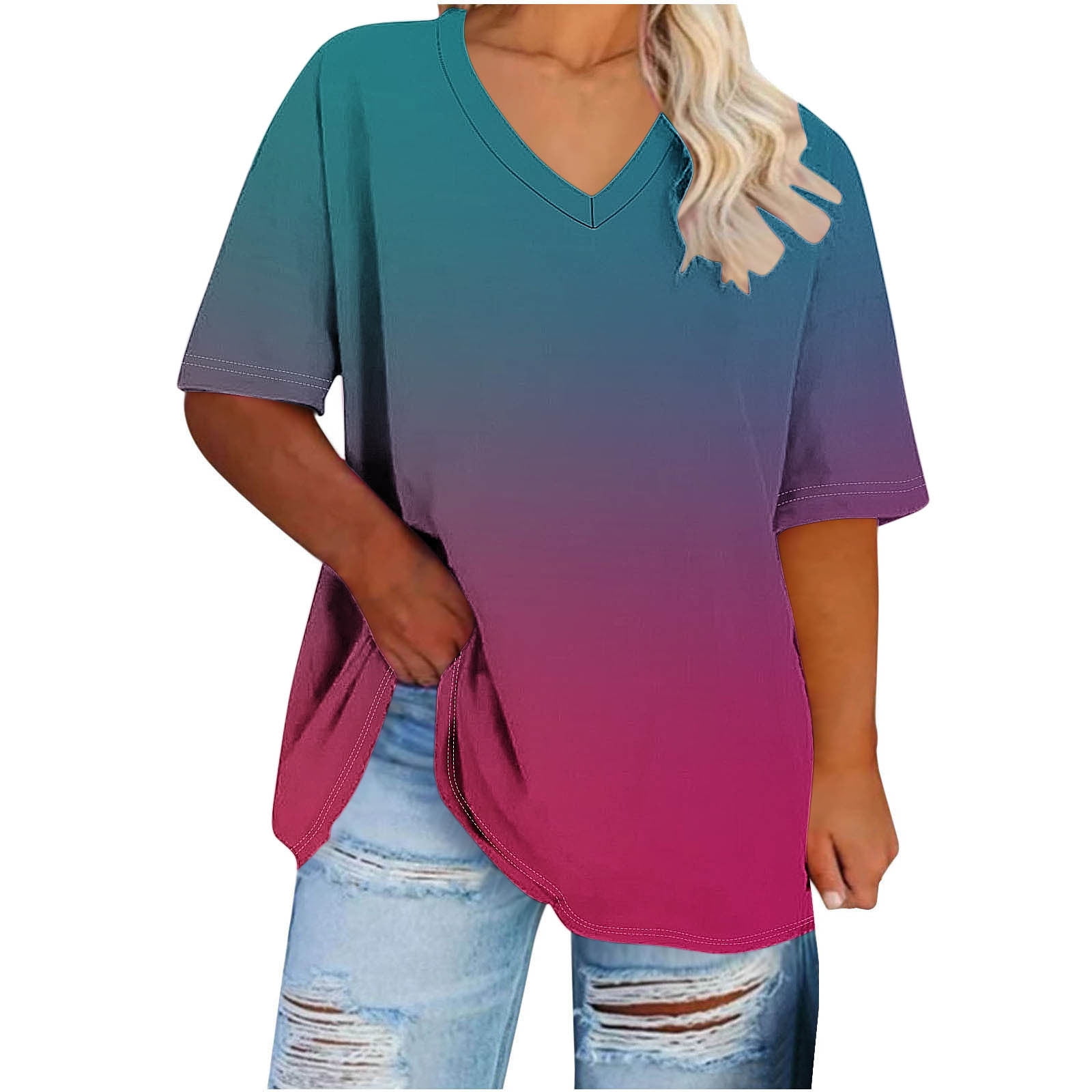 CARCOS Women's Plus Size V-Neck Tunic Top - Short Sleeve Summer Tee (XL-5X)
