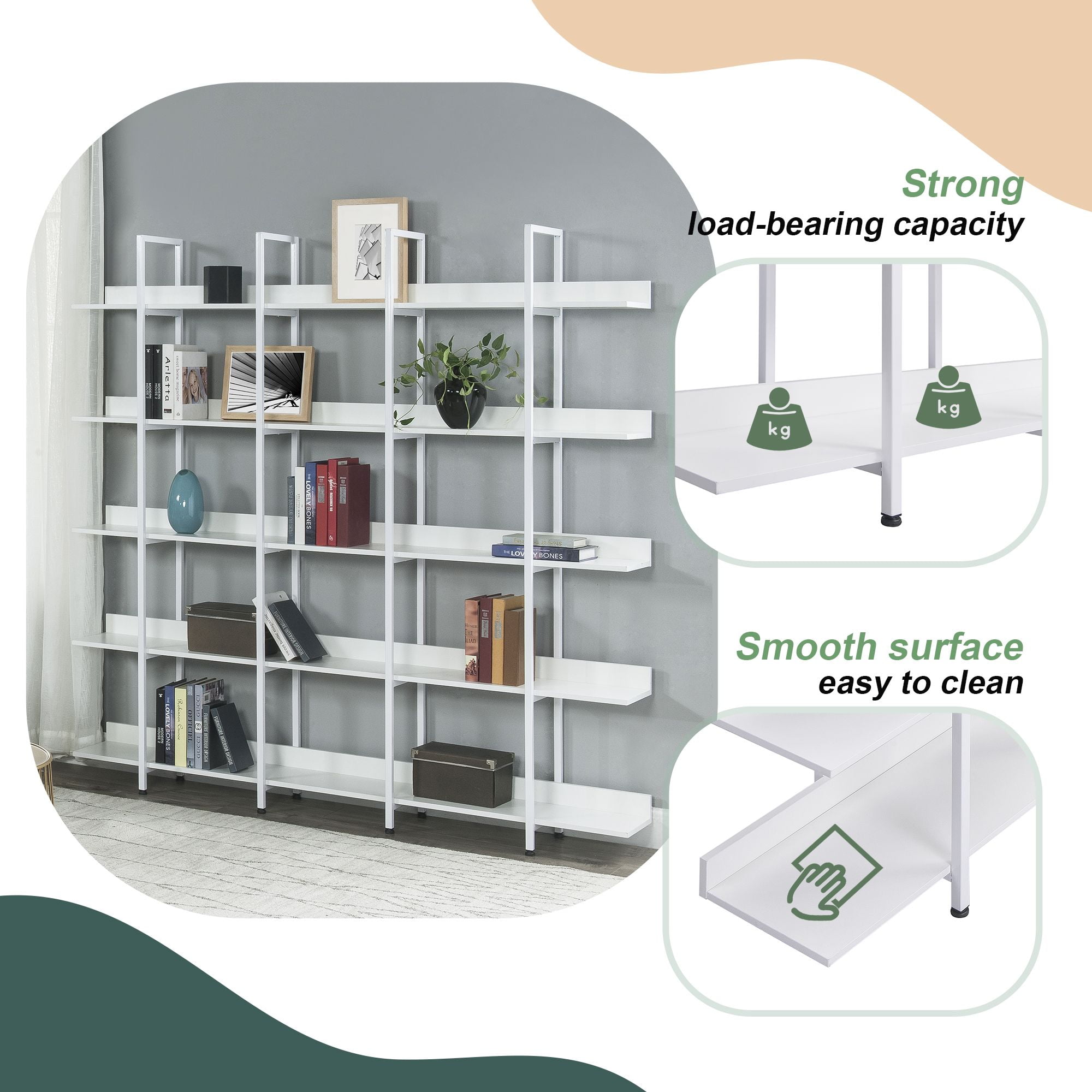 Aukfa 5 Tier Bookshelf, Industrial 70.87" Bookcase with Metal Frame - White