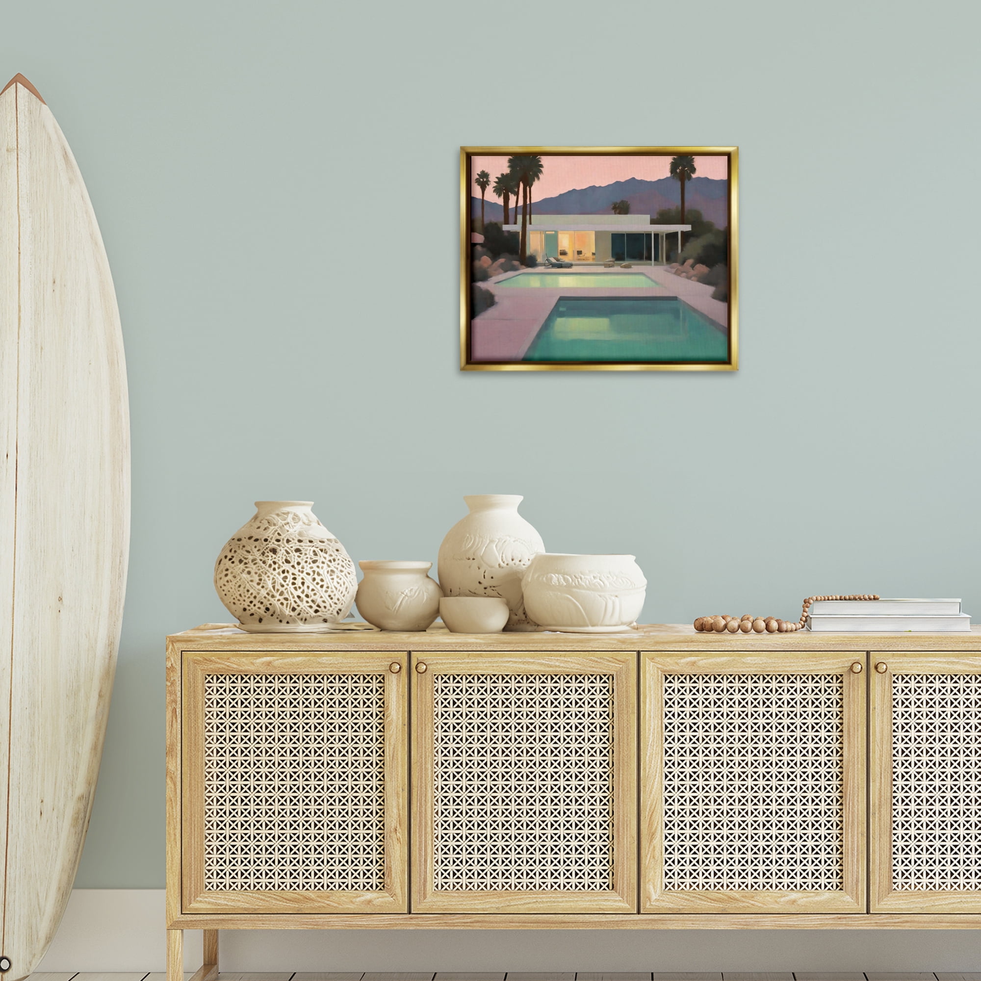 Stupell Industries Tranquil Pool at Sunset Landscape & Nature Painting Gold Floater Framed Canvas Art Print Wall Art, 21 x 17