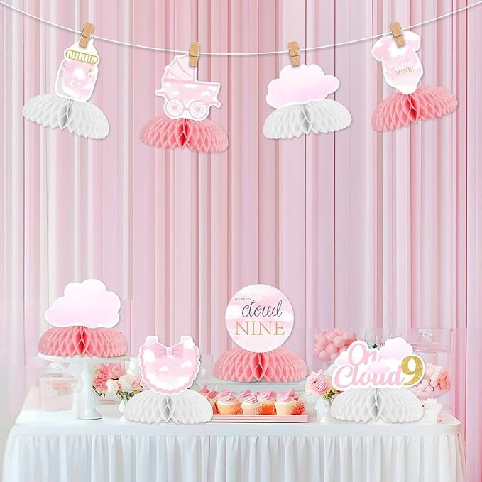 On Cloud 9 Baby Shower Party Table Decorations 8pcs Cloud Baby Shower Honeycomb Centerpiece Double-sided Printing Pink Baby Shower Centerpieces for Tables Girl Cloud Nine Party Decorations