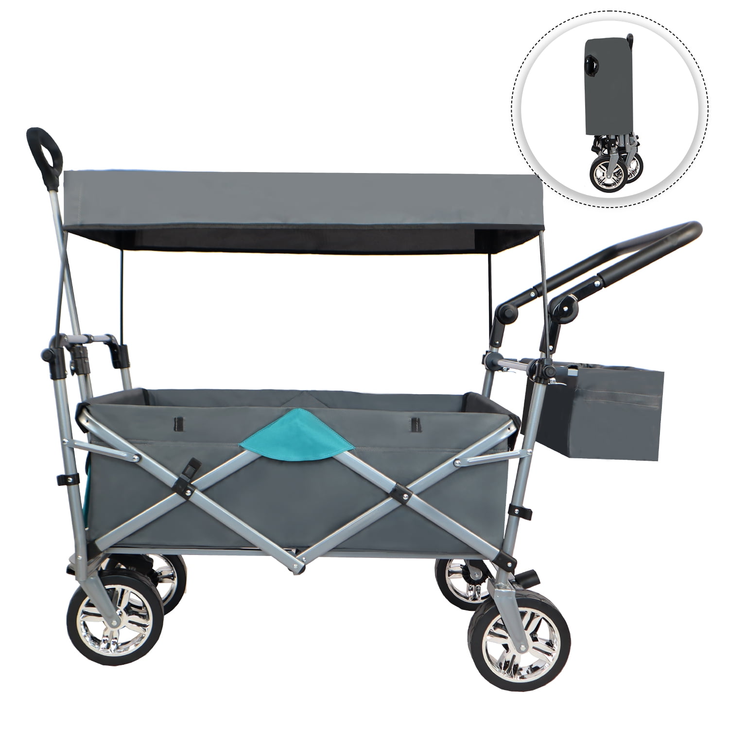 Collapsible Wagon Cart With Wheels, Foldable Utility Heavy Duty Wagons Carts With Removable Canopy, 150 Lbs Large Capacity For Grocery Sports Garden Shopping