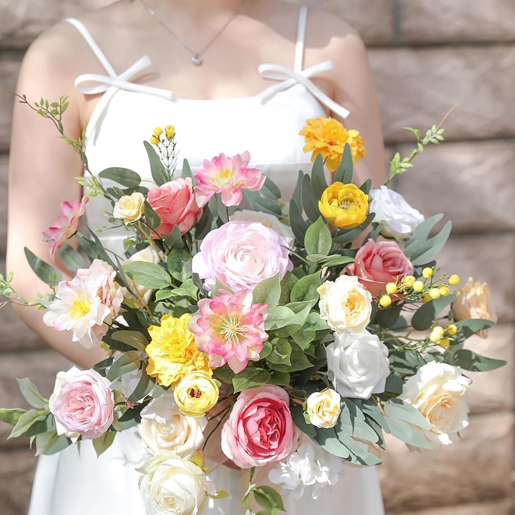 Tivamiko DIY Artificial Flower Set for Wedding Bouquets, Multi-Color Silk Fake Flowers for Home Decor, Parties, and Floral Arrangements(Yellow Series)