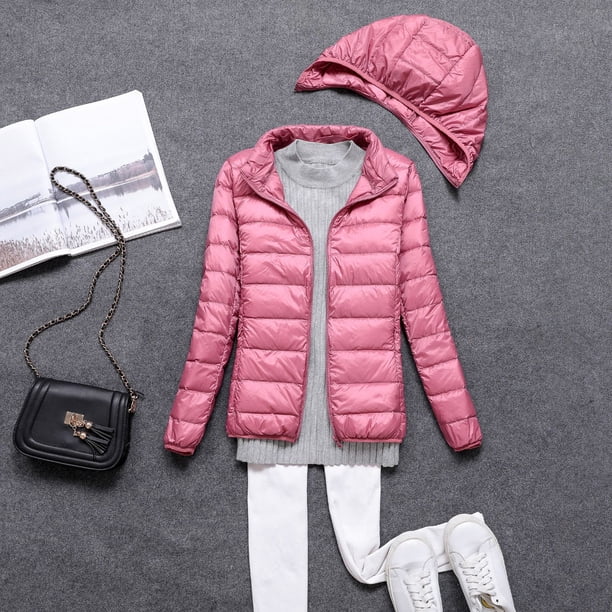 Chaqueta de plumón ligera con capucha y cremallera desmontable para mujer, abrigo corto ultrafino de otoño e invierno