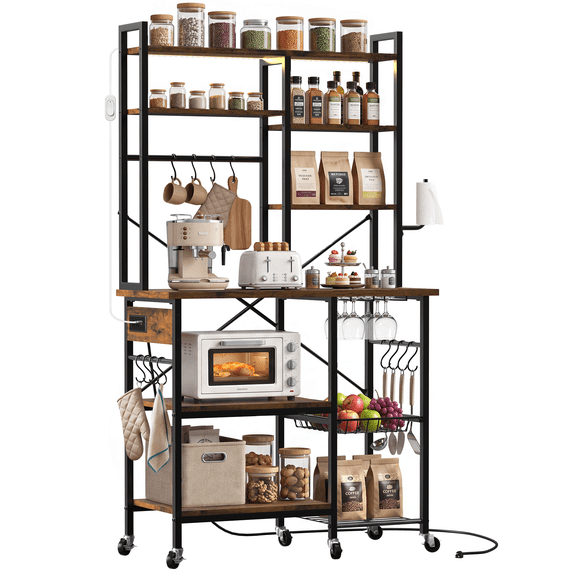 Vlogging 38" Bakers Rack with Power Outlet – 6-Tier Kitchen Cart with 2 Outlets & 2 USB Ports, Coffee Bar Station with 12 Hooks, Pull-Out Basket, Mobile Microwave Stand
